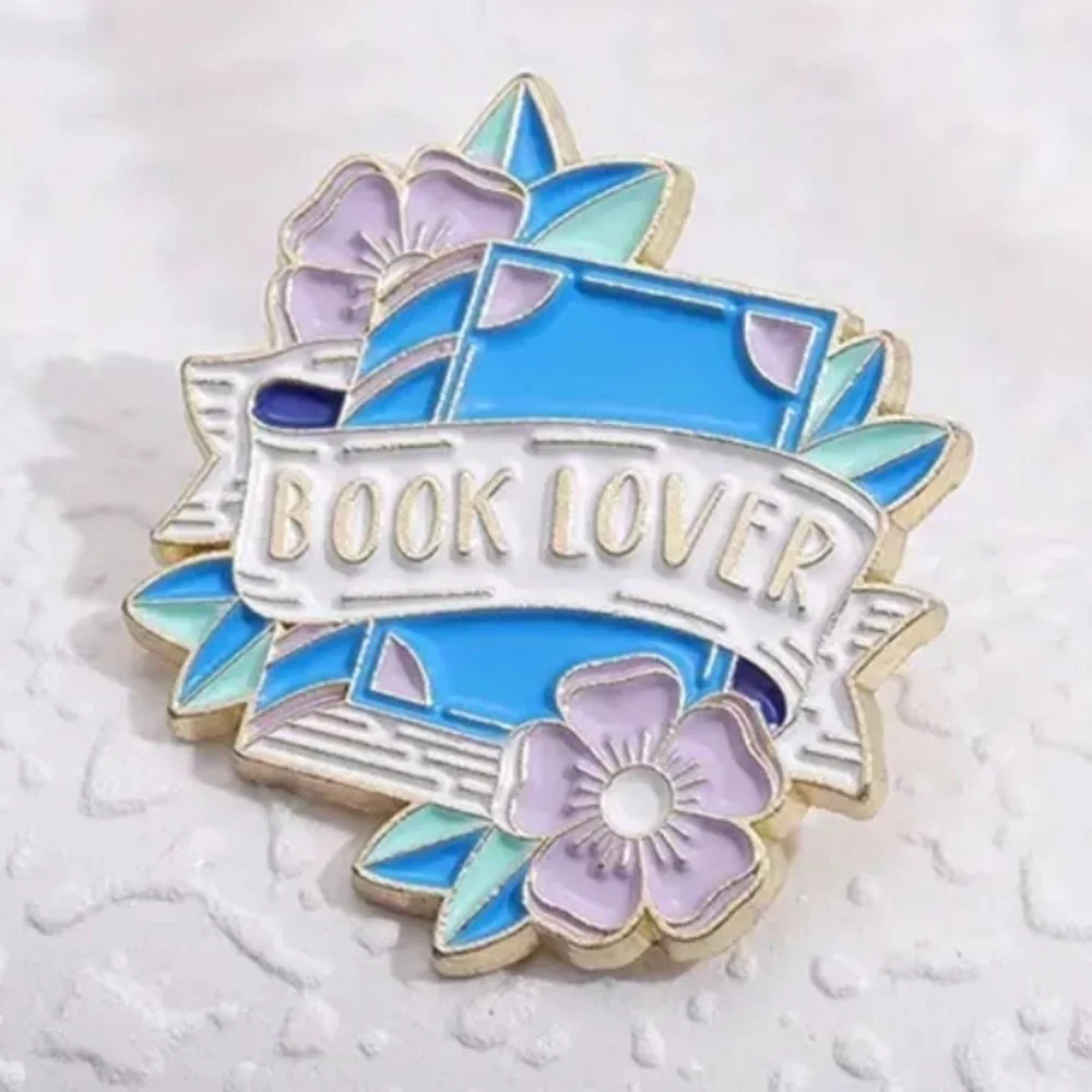 3/$25 “Book Lover” Blue Book Lavender Flowers Pin Badge Brooch